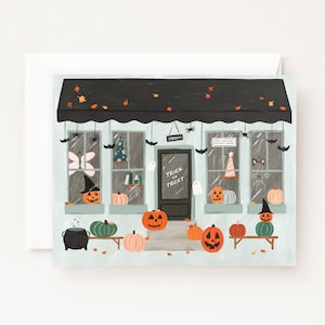 Tarjeta de mercado de Halloween / Tienda de disfraces ilustradas Tarjetas de Halloween, tarjetas navideñas en blanco plegadas Conjunto de 8 o tarjeta de felicitación de Halloween individual imagen 1