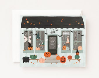 Halloween Market Card | Illustrated Costume Shop Halloween Cards, Folded Blank Holiday Cards Set of 8 or Individual Halloween Greeting Card