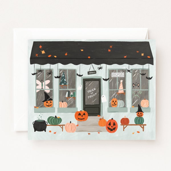 Halloween Market Card | Illustrated Costume Shop Halloween Cards, Folded Blank Holiday Cards Set of 8 or Individual Halloween Greeting Card