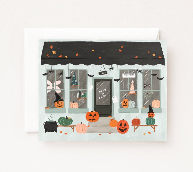 Tarjeta de mercado de Halloween / Tienda de disfraces ilustradas Tarjetas de Halloween, tarjetas navideñas en blanco plegadas Conjunto de 8 o tarjeta de felicitación de Halloween individual imagen 1