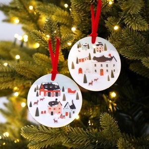 Ceramic Christmas Ornament Illustrated Porcelain Christmas Tree Ornament with North Pole Scene image 2