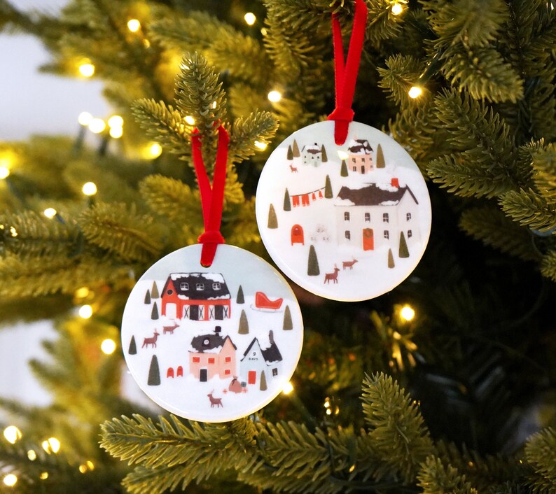 Ceramic Christmas Ornament Illustrated Porcelain Christmas Tree Ornament with North Pole Scene image 2
