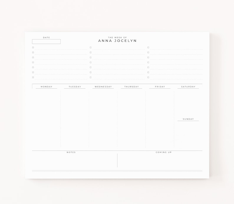 Personalized Weekly Desk Pad : Custom Weekly To Do Notepad with Calendar and To Do List, Minimalist Personalized Weekly Planner Stationery image 1