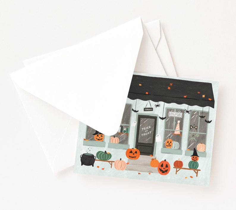 Tarjeta de mercado de Halloween / Tienda de disfraces ilustradas Tarjetas de Halloween, tarjetas navideñas en blanco plegadas Conjunto de 8 o tarjeta de felicitación de Halloween individual imagen 2