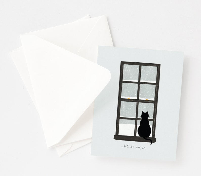 Let it Snow Holiday Card Snowy Scene Illustrated Christmas Cards Set, Cat Christmas Cards Set of 8 or Single Greeting Card image 2