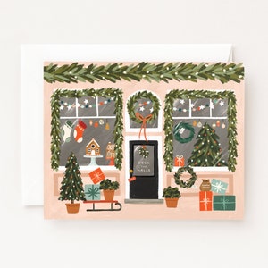 Christmas Market Card | Illustrated Holiday Decor Shop, Folded Blank Holiday Cards Set of 8 or Single Greeting Card