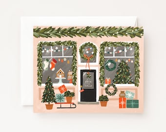 Christmas Market Card | Illustrated Holiday Decor Shop, Folded Blank Holiday Cards Set of 8 or Single Greeting Card