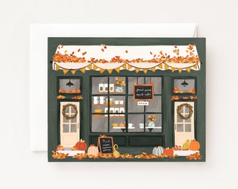 Thanksgiving-kaart | Geïllustreerde Autumn Coffee Shop Thanksgiving-kaarten, blanco kerstkaarten, pakket van 8 of enkele kaart