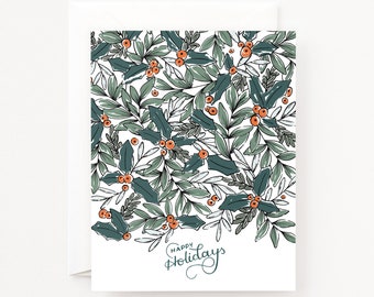 Holly Holidays Holiday Cards Set or Single Greeting Card | Hand Painted Christmas Cards with Botanical Illustration, Blank Christmas Card