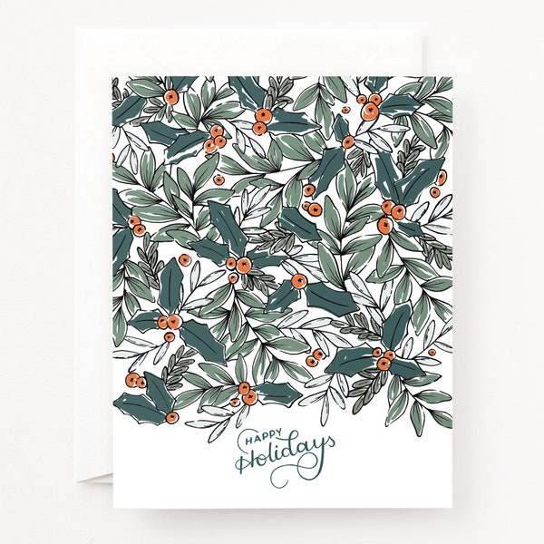 Holly Holidays Holiday Cards Set or Single Greeting Card | Hand Painted Christmas Cards with Botanical Illustration, Blank Christmas Card