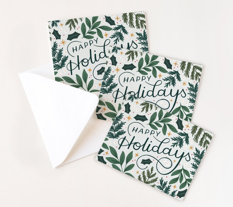 Winter Pine Holiday Cards Set of 8 or Single Greeting Card : Floral Christmas Cards with Happy Holidays, Blank Greeting Card Holiday Cards image 2