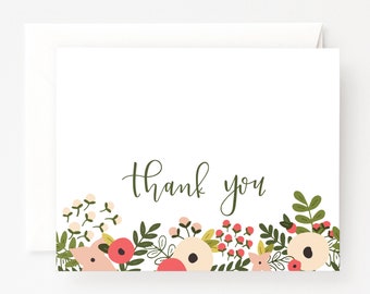 Blooming Wreath Thank You Card of Set of 8 Cards, Floral Illustrated Thank You Card Set