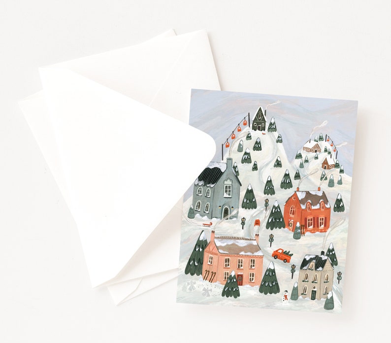 Set of 12 Holiday Card Collection Mixed Set of Christmas Cards : Variety Pack of Snowy Villages Holiday Cards image 4