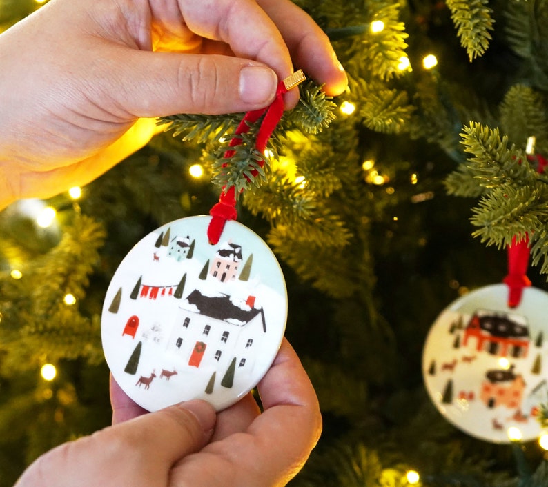 Ceramic Christmas Ornament Illustrated Porcelain Christmas Tree Ornament with North Pole Scene image 3