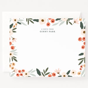Blush Field Personalized Stationery Flat Card Set of 12 | Illustrated Abstract Floral Flat Note Card Set Custom Stationery