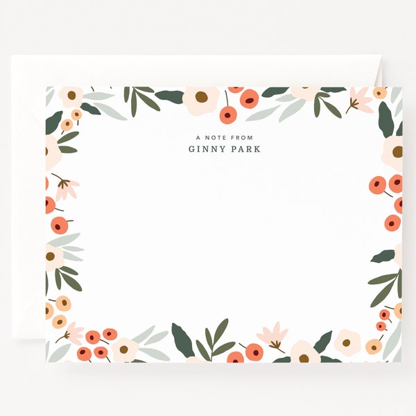 Blush Field Personalized Stationery Flat Card Set of 12 | Illustrated Abstract Floral Flat Note Card Set Custom Stationery