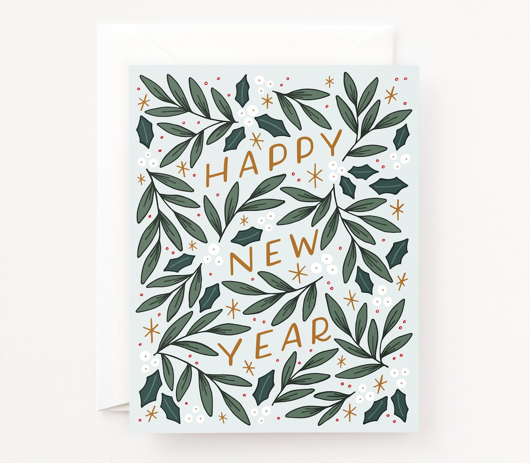 冬の植物のハッピーニューイヤーカード - Etsy 日本