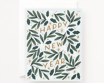 Happy New Year Card | Hand Illustrated and Lettered Holiday New Year's Cards Set of 8 or Single Greeting Card