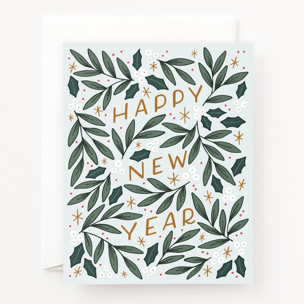 Happy New Year Card | Hand Illustrated and Lettered Holiday New Year's Cards Set of 8 or Single Greeting Card