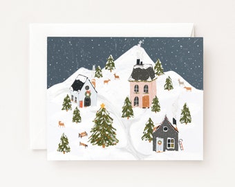 First Snow Holiday Cards| Illustrated Village Boxed Christmas Cards Set of 8 or Single Greeting Card, Folded Blank Christmas Cards