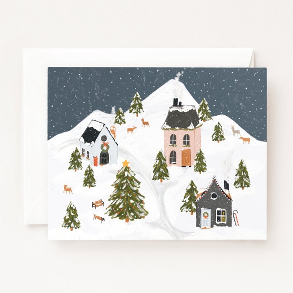 First Snow Holiday Cards| Illustrated Village Boxed Christmas Cards Set of 8 or Single Greeting Card, Folded Blank Christmas Cards
