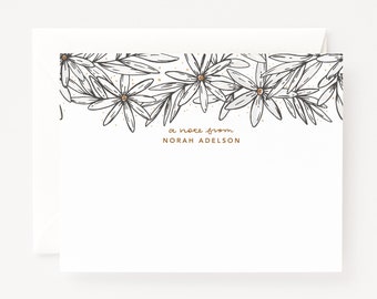 Personalized Note Cards Stationery Set | Illustrated and Hand Painted Daisy Grey Custom Flat Card Set of 12