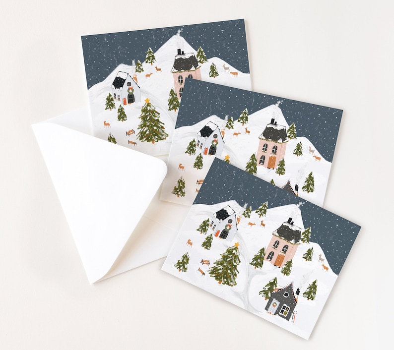 Set of 12 Holiday Card Collection Mixed Set of Christmas Cards : Variety Pack of Snowy Villages Holiday Cards image 5