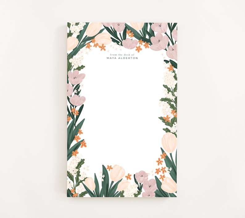 Personalized Notepad: First Bloom Illustrated Custom Stationery Notepad, Letter Writing Stationery image 1