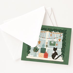 Christmas Window Cat Card Illustrated Christmas Cards, Blank Holiday Card Set image 2