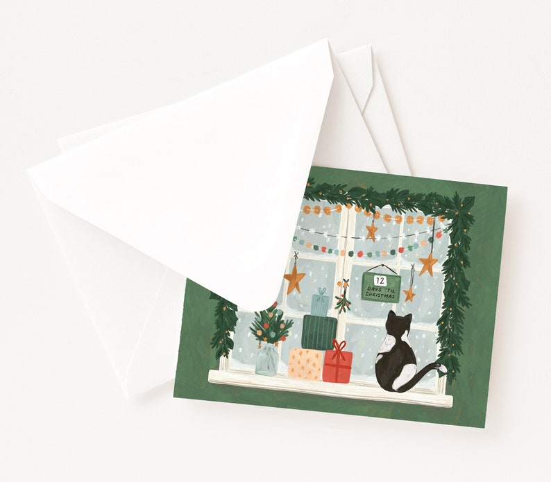 Christmas Window Cat Card Illustrated Christmas Cards, Blank Holiday Card Set image 2