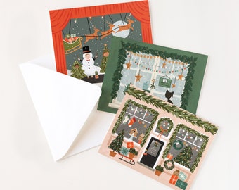 Set of 12 Holiday Card Collection | Mixed Set of Christmas Cards : Variety Pack of Christmas Scenes Holiday Cards