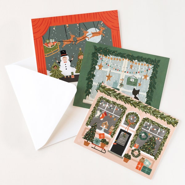 Set of 12 Holiday Card Collection | Mixed Set of Christmas Cards : Variety Pack of Christmas Scenes Holiday Cards