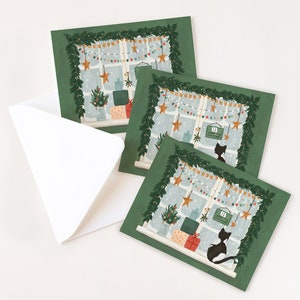 Christmas Window Cat Card Illustrated Christmas Cards, Blank Holiday Card Set image 3