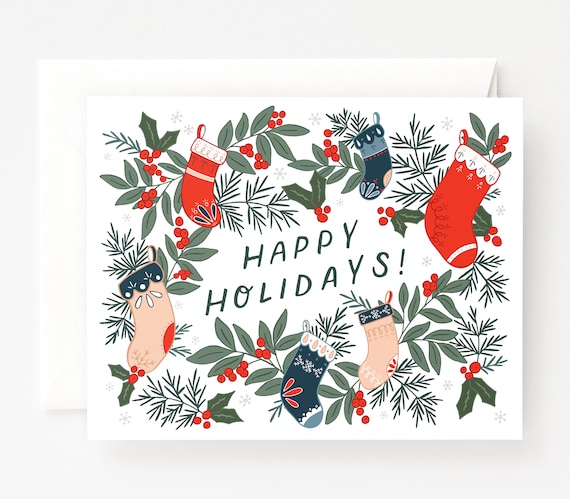 Christmas Cards Set of 8 Illustrated Holiday Stockings Christmas
