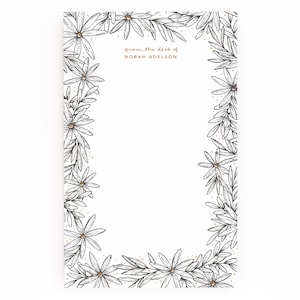 Bloco de notas personalizado com florais pintados à mão | Bloco de notas grande personalizado, papelaria personalizado Daisy Grey