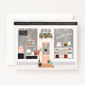 Birthday Cake Shop-kaart: geïllustreerde gelukkige verjaardagskaarten met Bakery Cake Shop