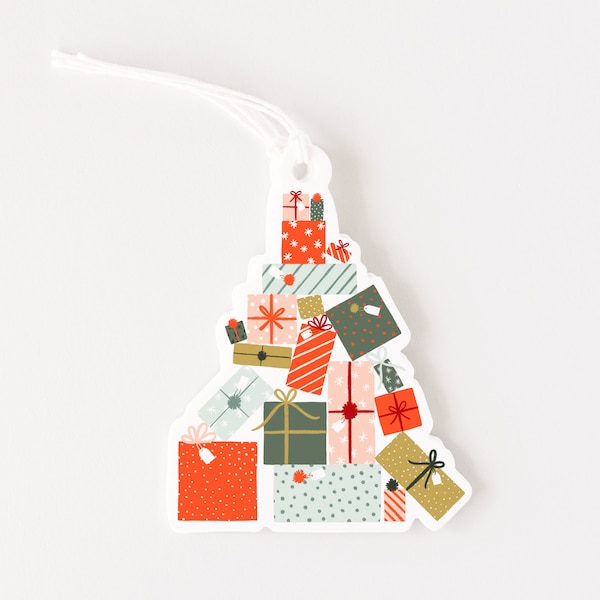 Christmas Gift Tags Set of 10 | Holiday Presents Pile Illustrated Gift Tag Set with Cotton String