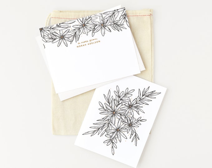 Personalized Stationery Set with Hand Painted Florals and Calligraphy | Daisy Grey Stationery Gift Set Including Custom Stationery and Cards