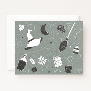 Cartes d'Halloween croquis de sorcière | Lot de 8 cartes d'Halloween esthétiques sorcières ou individuelles