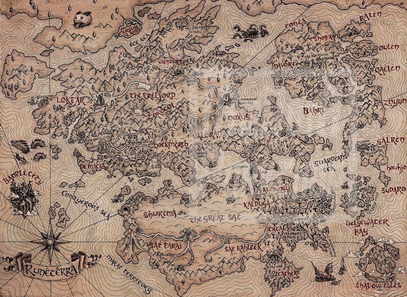 May include: A vintage-style map of Runeterra, a fictional world, with various regions and locations labeled in a handwritten font. The map is drawn on parchment paper with brown and black ink.