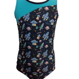 Spaceships and Alliens gymnastics leotards for girls