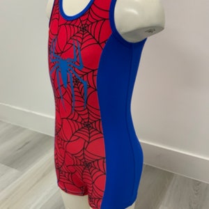 May include: A red and blue sleeveless leotard with a spider web design and a blue spider graphic.