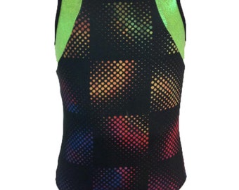 May include: Black leotard with a rainbow dot pattern and green accents. The leotard has a scoop neck and a racerback style.