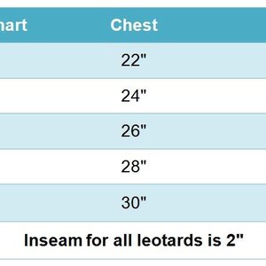 May include: Boys' size chart for leotards with chest and girth measurements in inches. Sizes include CSX, CS, CM, CL, and AS. Inseam for all leotards is 2 inches.