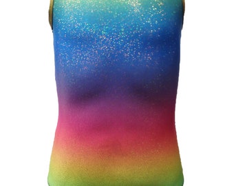 May include: A rainbow ombre leotard with a gold trim and a sparkly finish.