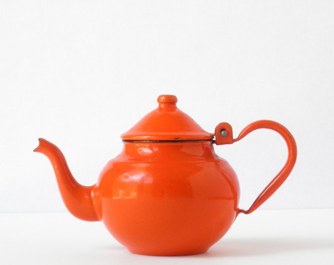 Vintage Orange Enamel Teapot Enamelware Etsy