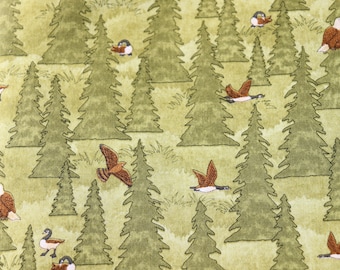 100% Cotton Wildlife Fabric, Forest Scene with Ducks and Eagles