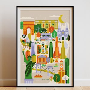 Impression colorée de carte de la ville de New York, carte illustrée dessinée à la main, téléchargement numérique
