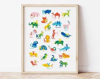 Animal alphabet poster, Colorful rainbow nursery wall art, kids room poster | PHYSICAL PRINT
