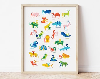 Animal alphabet Print, Colorful Nursery Illustration, DOWNLOADABLE PRINT